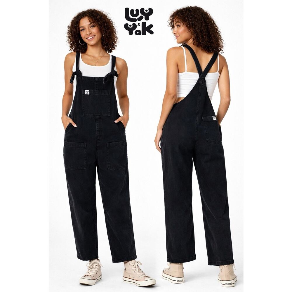 Lucy & Yak Black Denim Overalls XS/L Organic Dungarees Wide Leg Y2K Low Rise